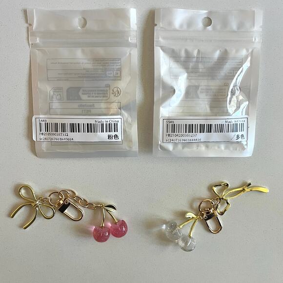 CHOOSE ONE: Pink or Clear Cherry Glitter Key Chain - Bag Charm, Gold Hardware - Picture 1 of 4